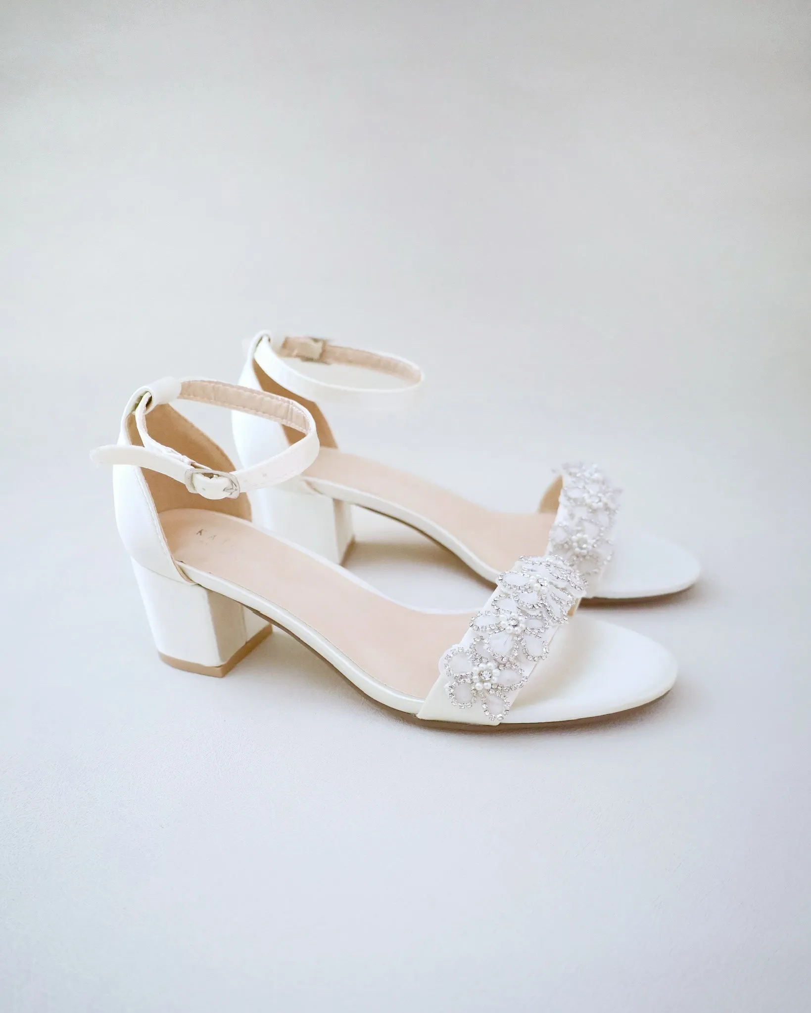 Satin Block Heel Wedding Sandals with Rhinestones Chassia Flower