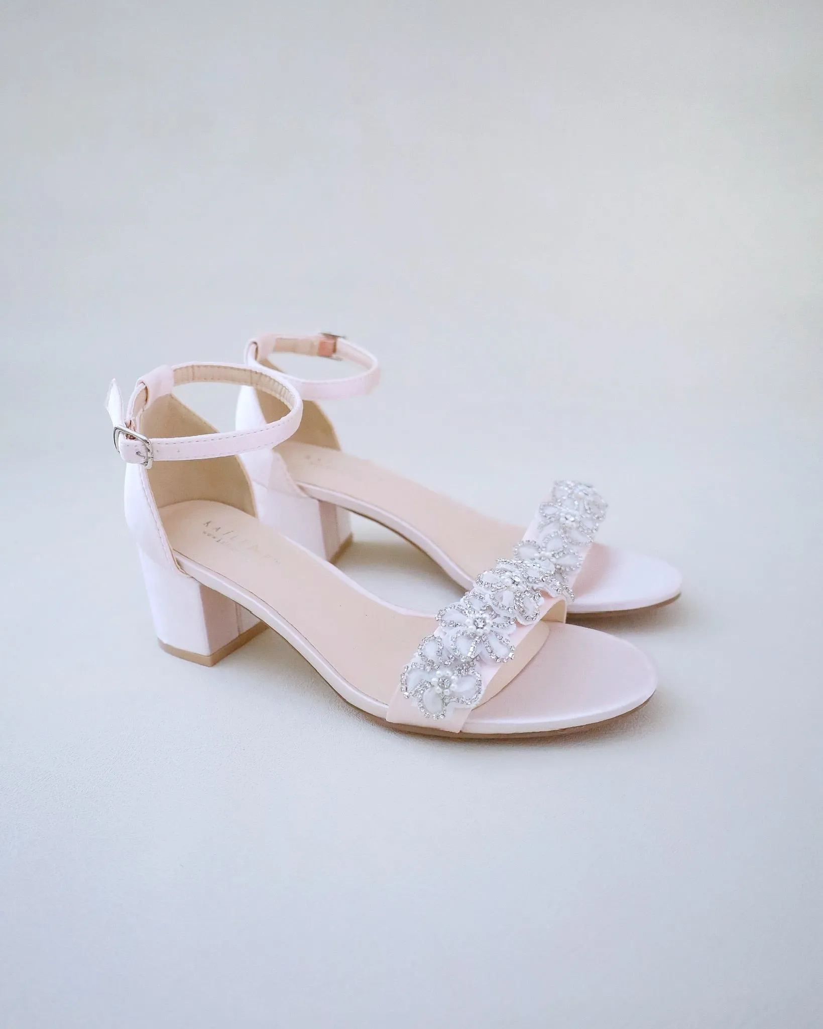 Satin Evening Block Heel Sandals with Rhinestones Chassia Flower