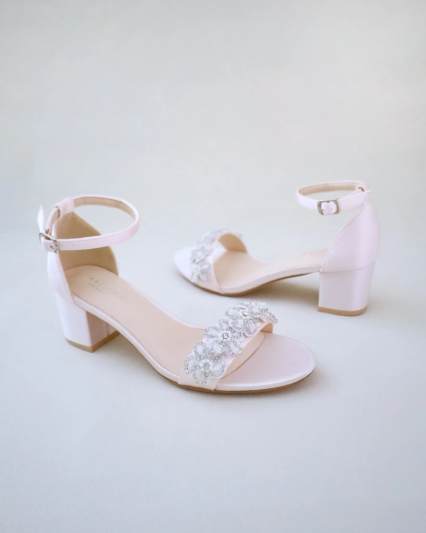 Satin Evening Block Heel Sandals with Rhinestones Chassia Flower