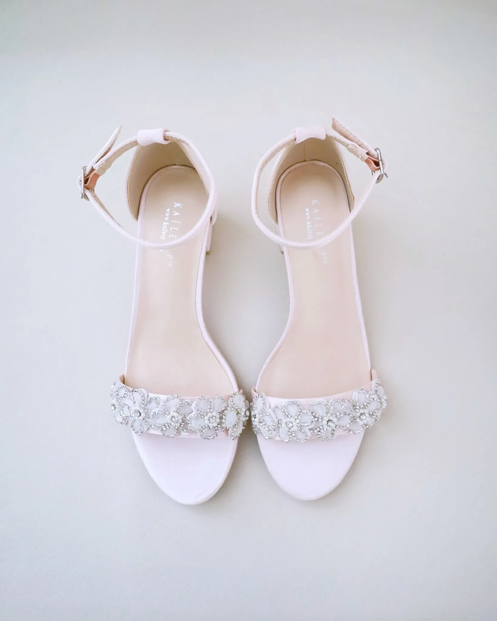 Satin Evening Block Heel Sandals with Rhinestones Chassia Flower