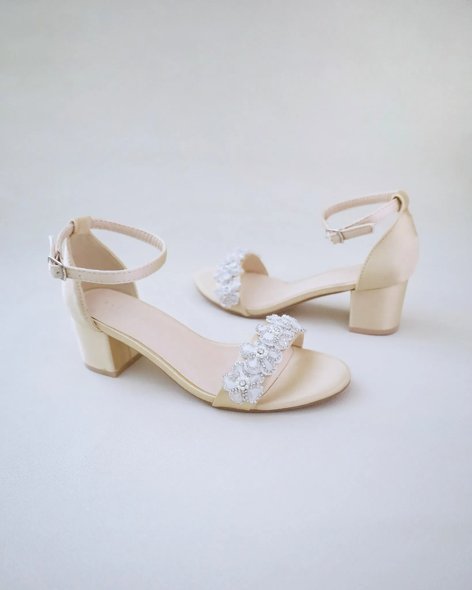 Satin Evening Block Heel Sandals with Rhinestones Chassia Flower
