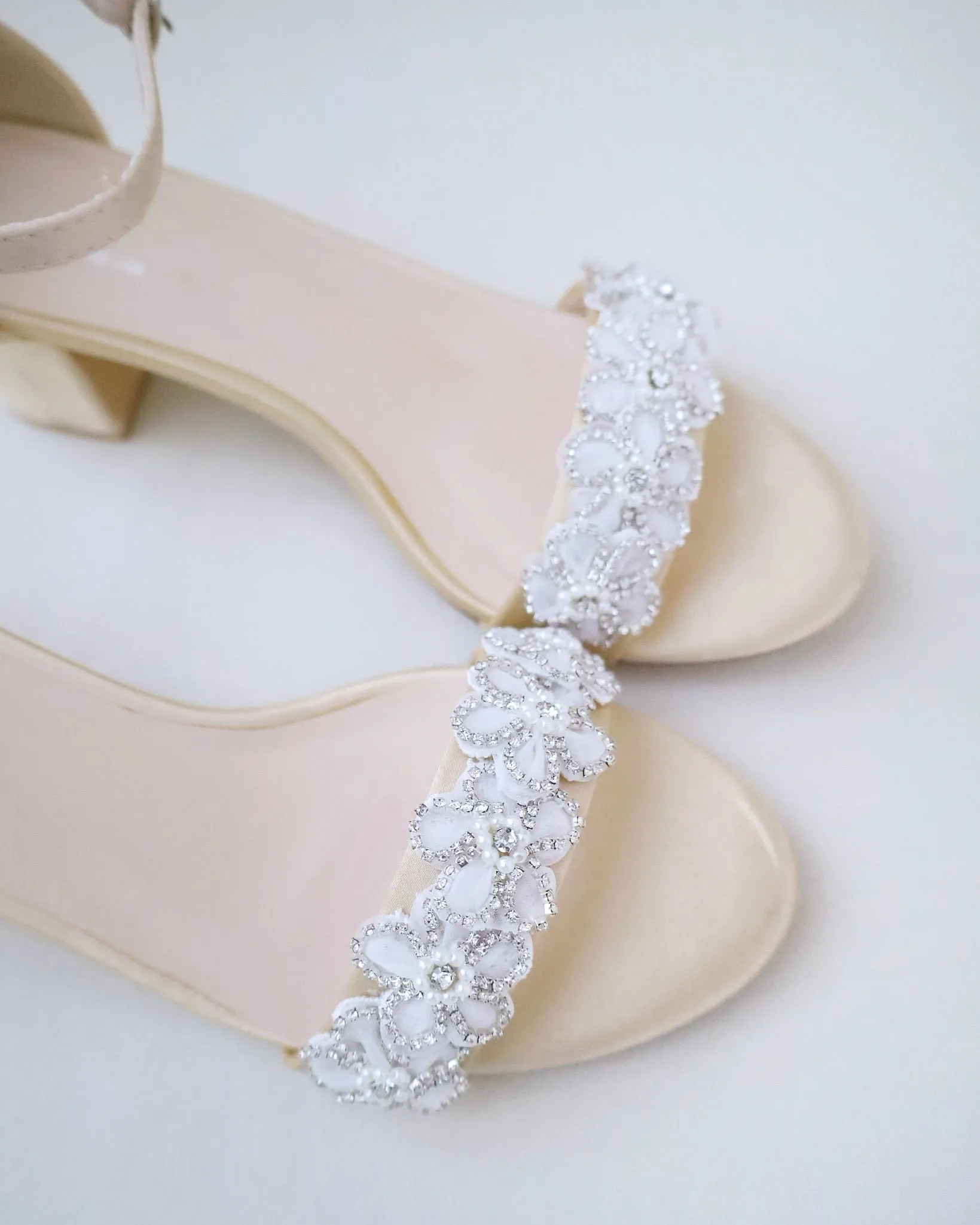 Satin Evening Block Heel Sandals with Rhinestones Chassia Flower