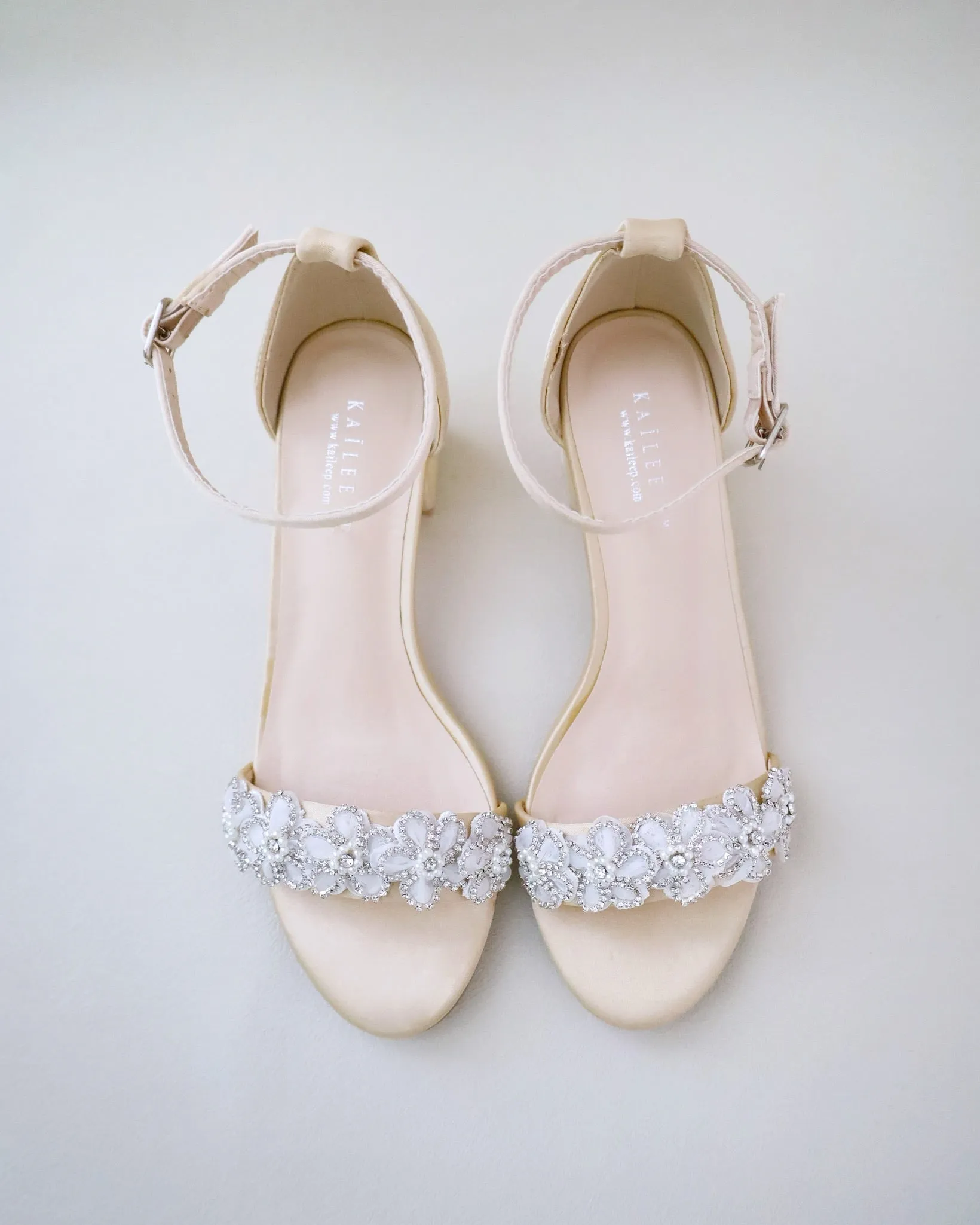 Satin Evening Block Heel Sandals with Rhinestones Chassia Flower