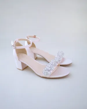 Satin Evening Block Heel Sandals with Rhinestones Chassia Flower