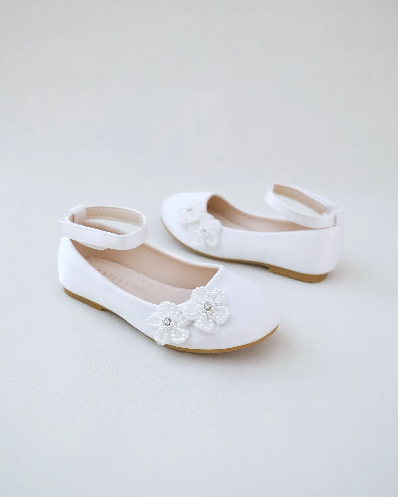 Satin Flower Girls Ballet Flats with All Pearls Chassia Flowers