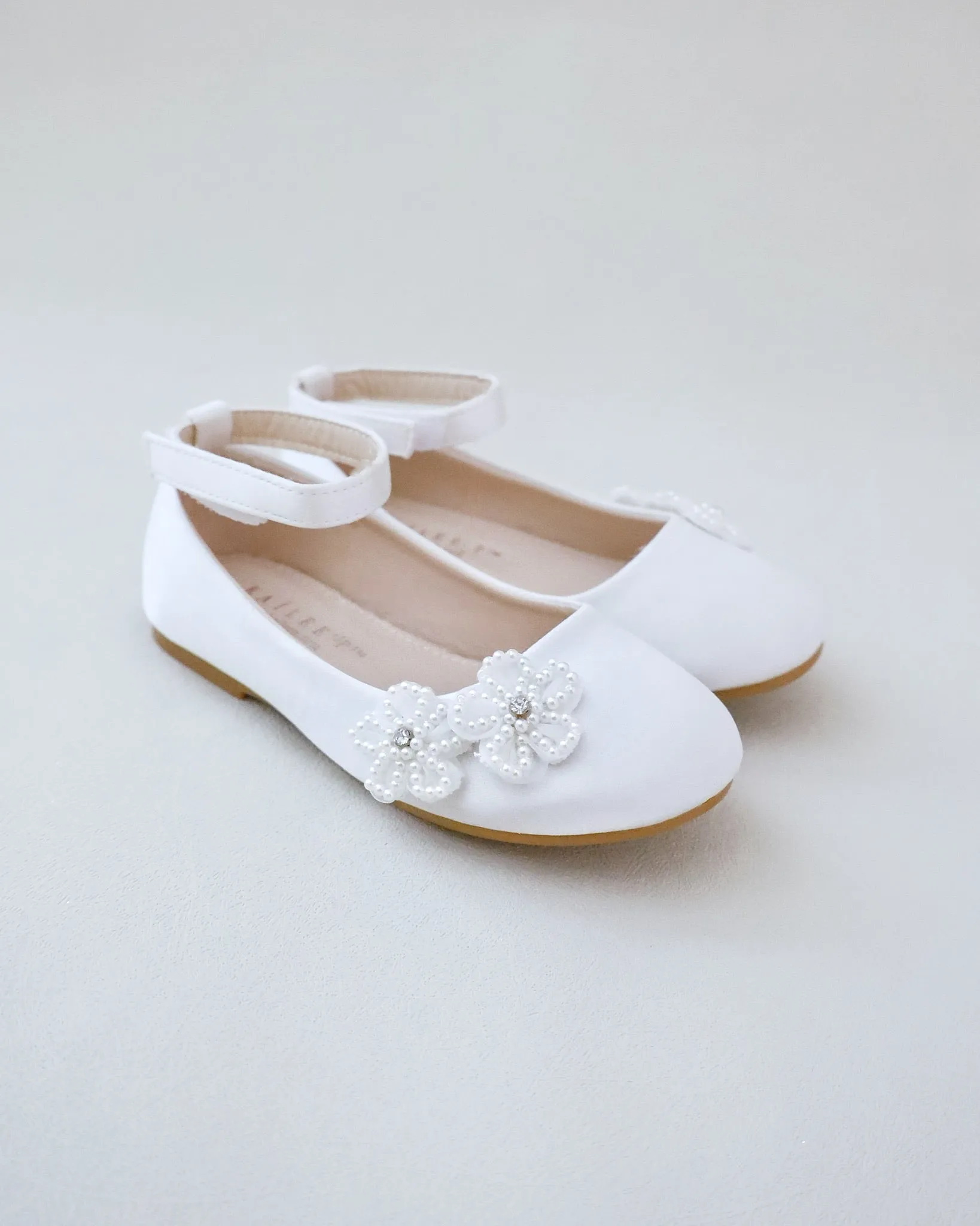 Satin Flower Girls Ballet Flats with All Pearls Chassia Flowers