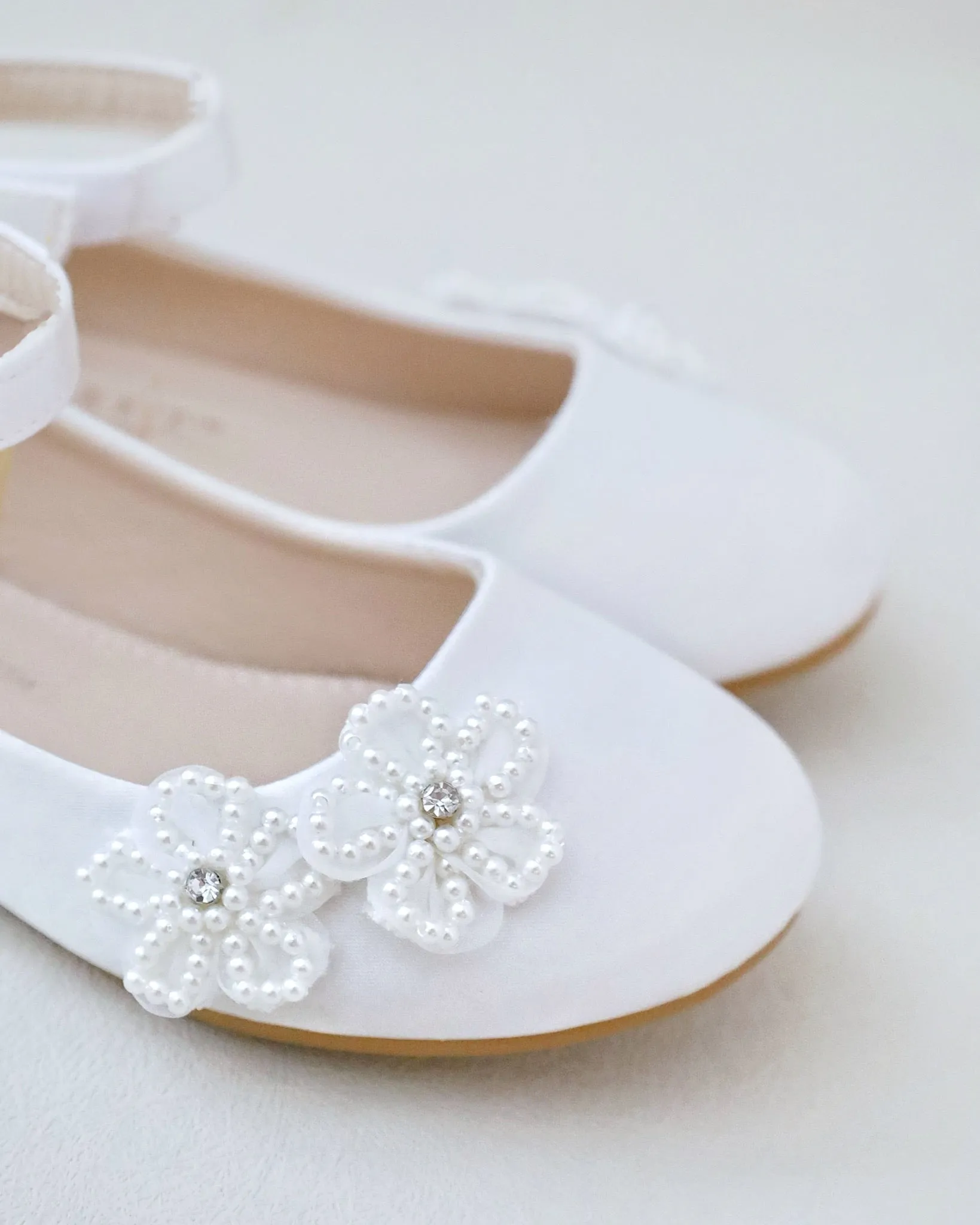 Satin Flower Girls Ballet Flats with All Pearls Chassia Flowers