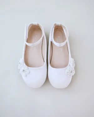 Satin Flower Girls Ballet Flats with All Pearls Chassia Flowers