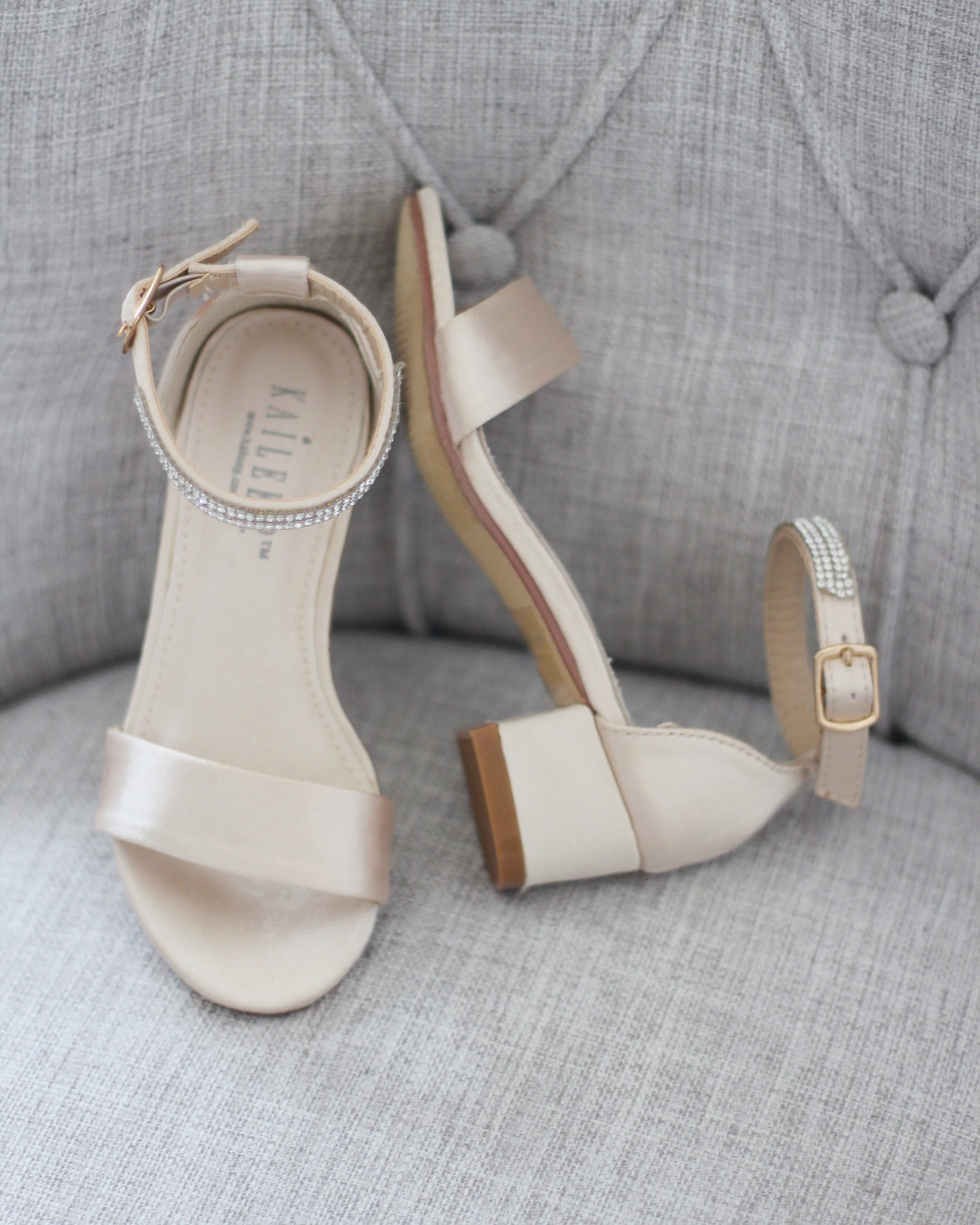 Satin Girls Block Heel Sandals with Mini Rhinestones Embellished Ankle Strap