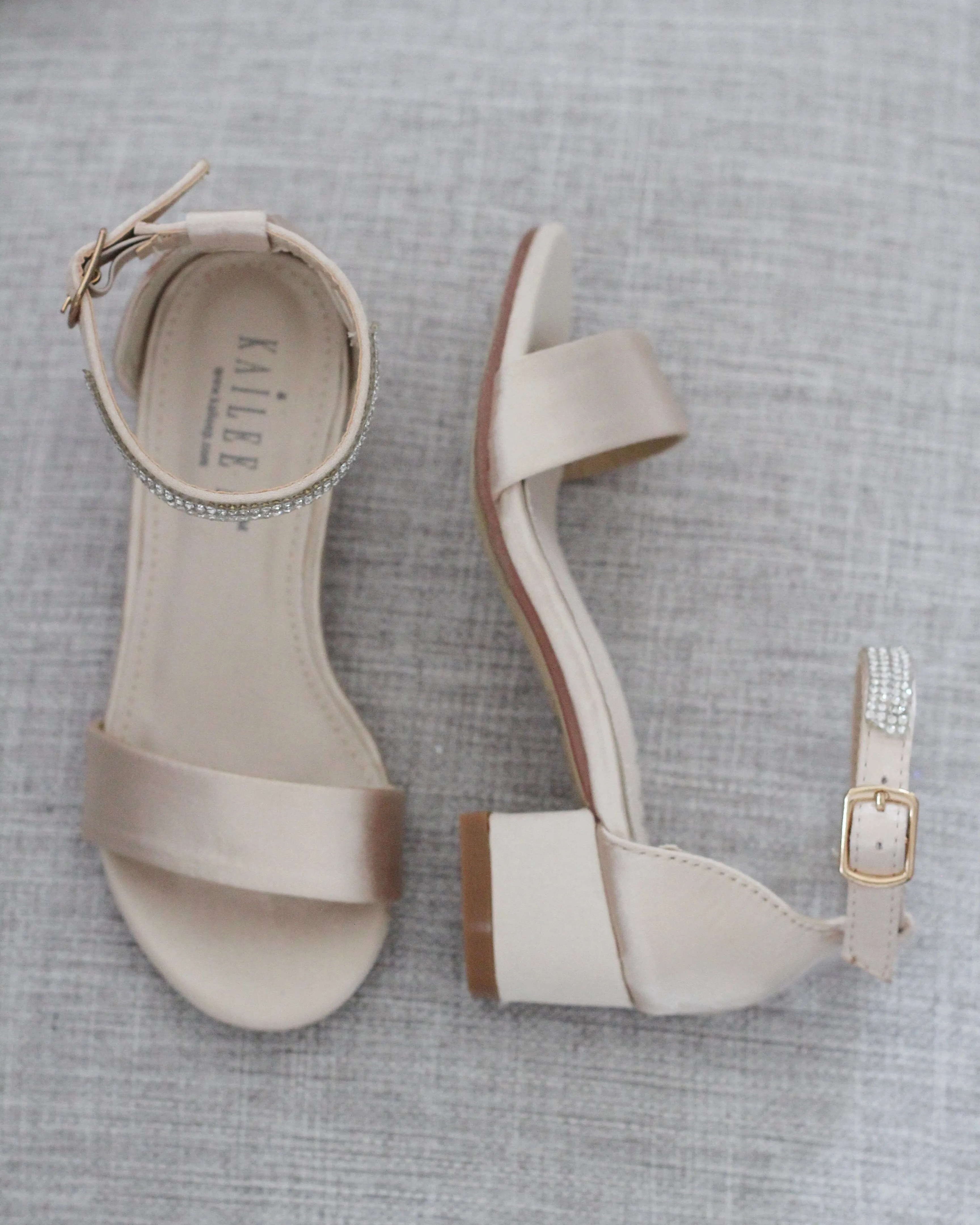 Satin Girls Block Heel Sandals with Mini Rhinestones Embellished Ankle Strap