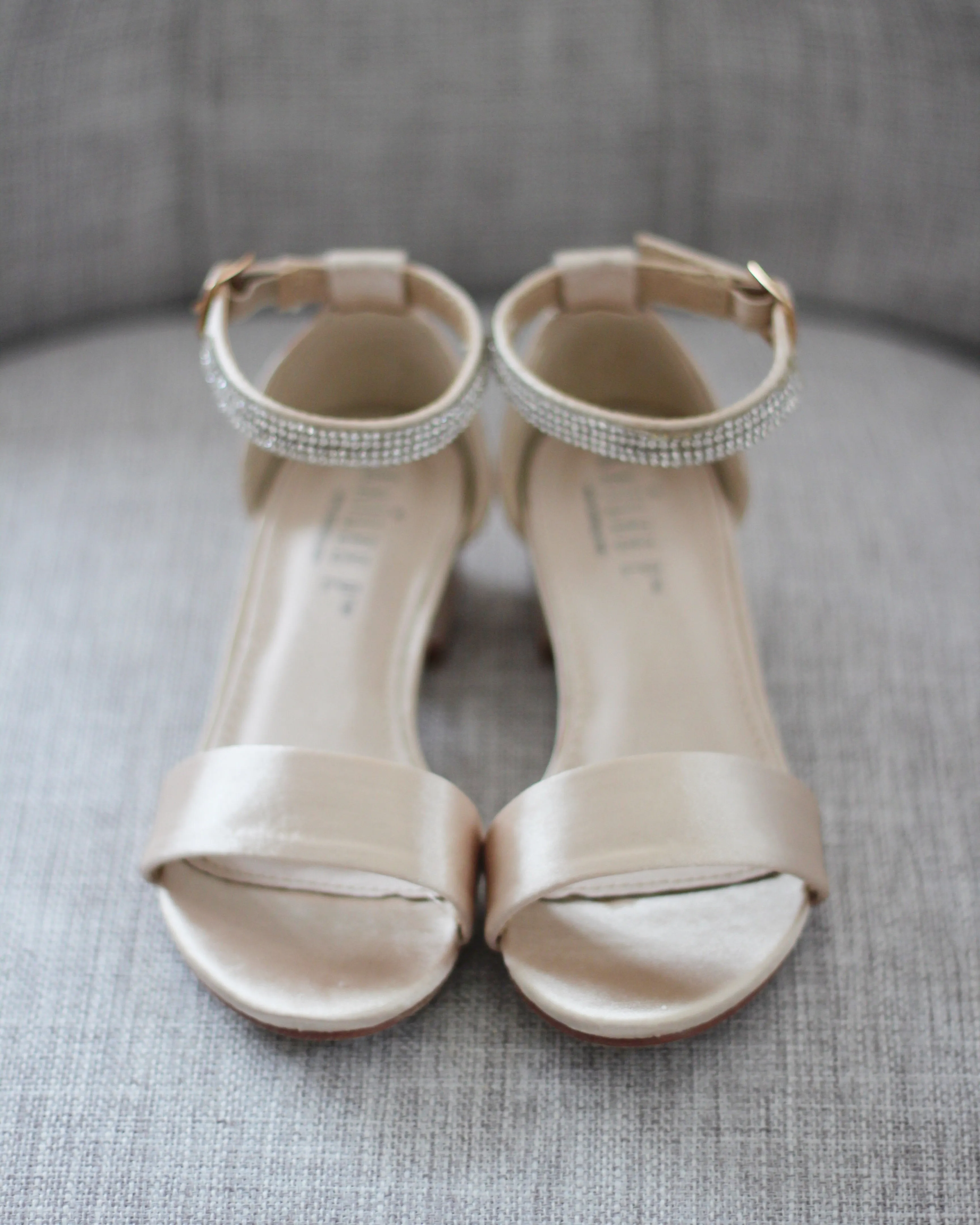 Satin Girls Block Heel Sandals with Mini Rhinestones Embellished Ankle Strap