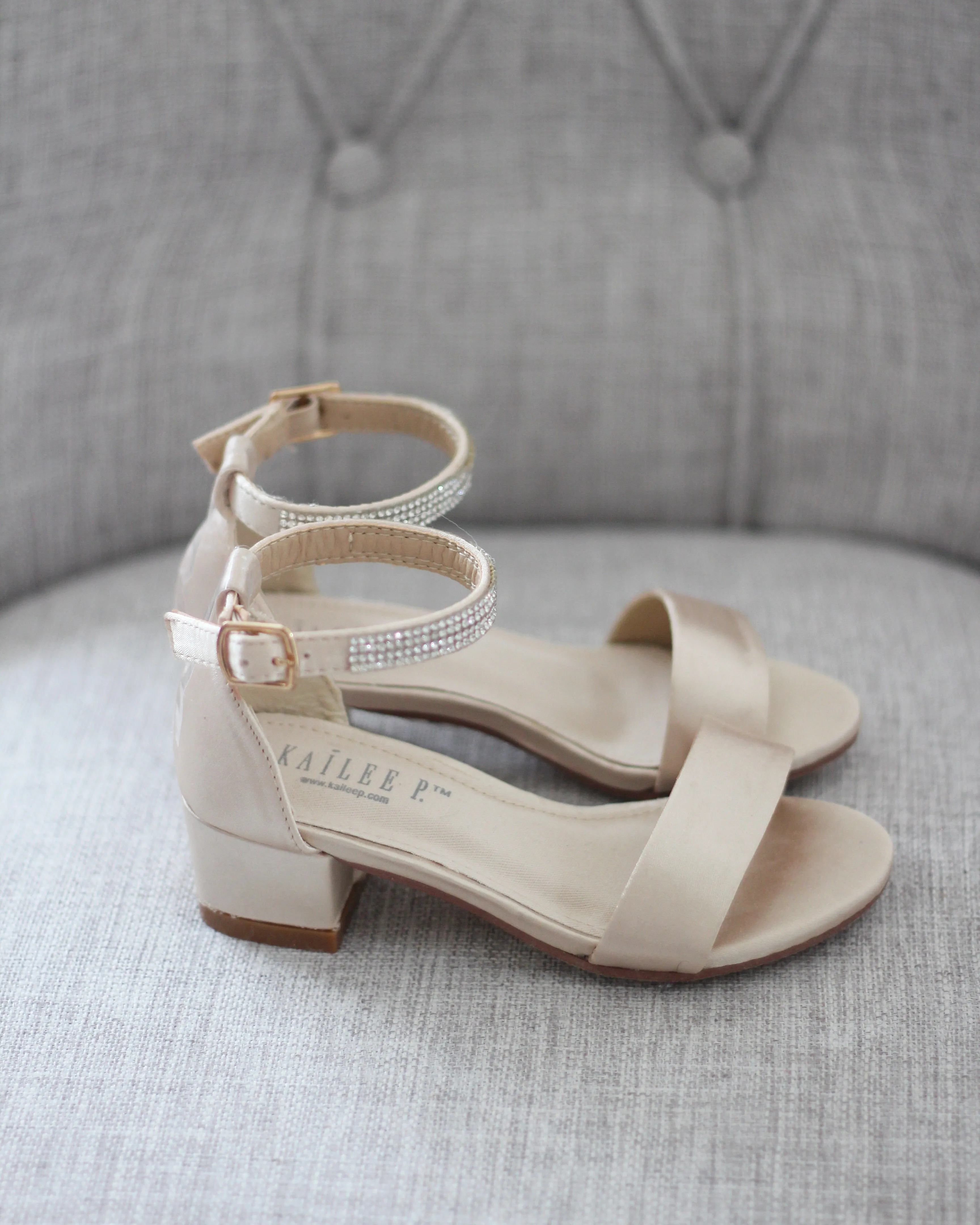 Satin Girls Block Heel Sandals with Mini Rhinestones Embellished Ankle Strap