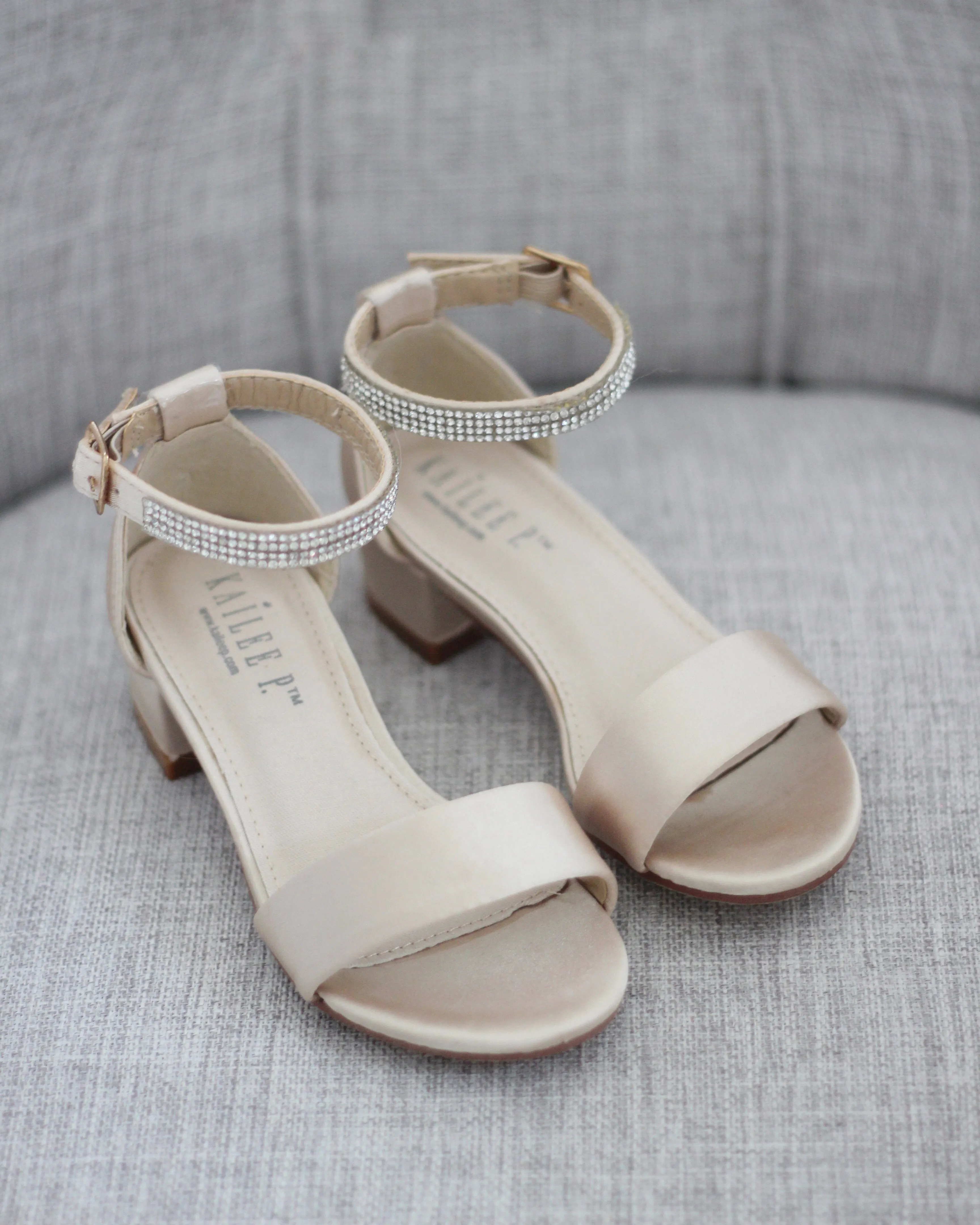 Satin Girls Block Heel Sandals with Mini Rhinestones Embellished Ankle Strap
