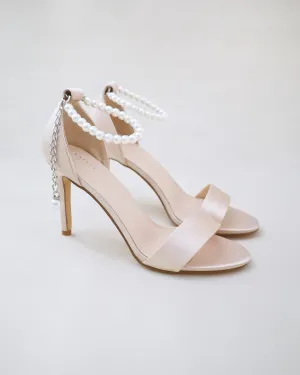 Satin High Heel Evening Sandals with Pearl Strap