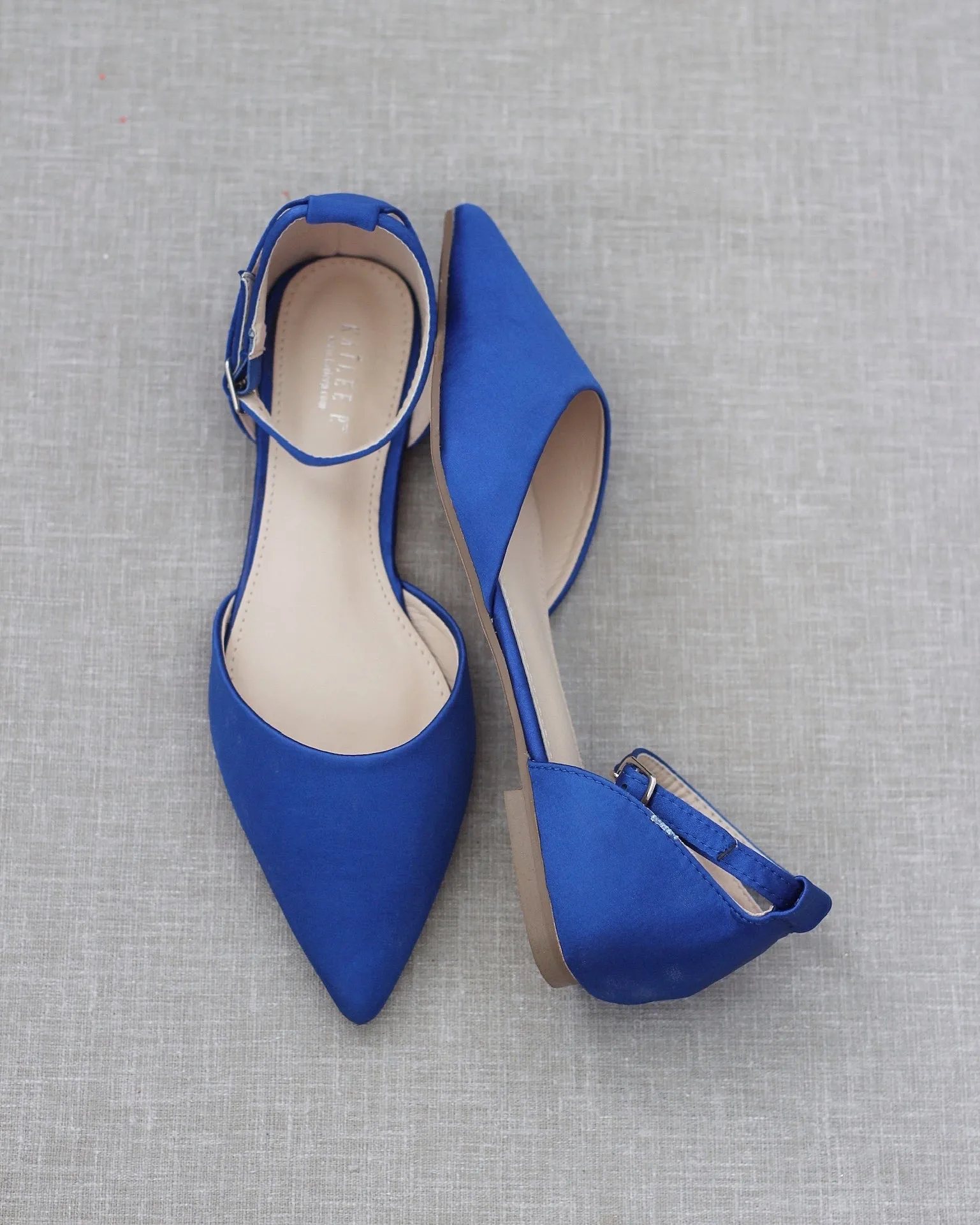 Satin Pointy Toe Flats with Ankle Strap