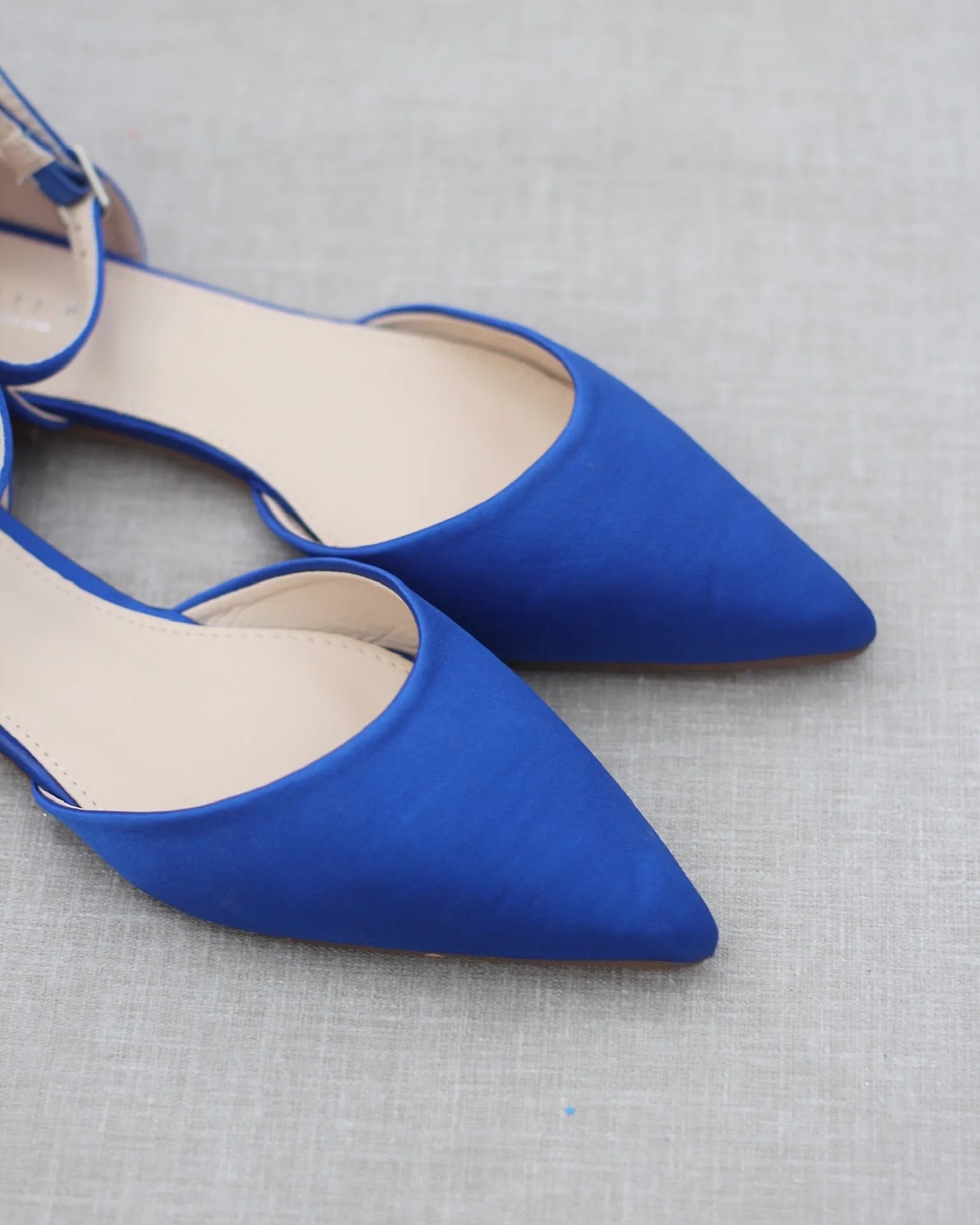 Satin Pointy Toe Flats with Ankle Strap