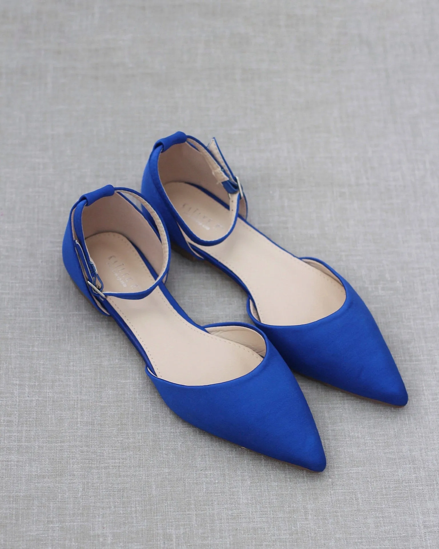 Satin Pointy Toe Flats with Ankle Strap