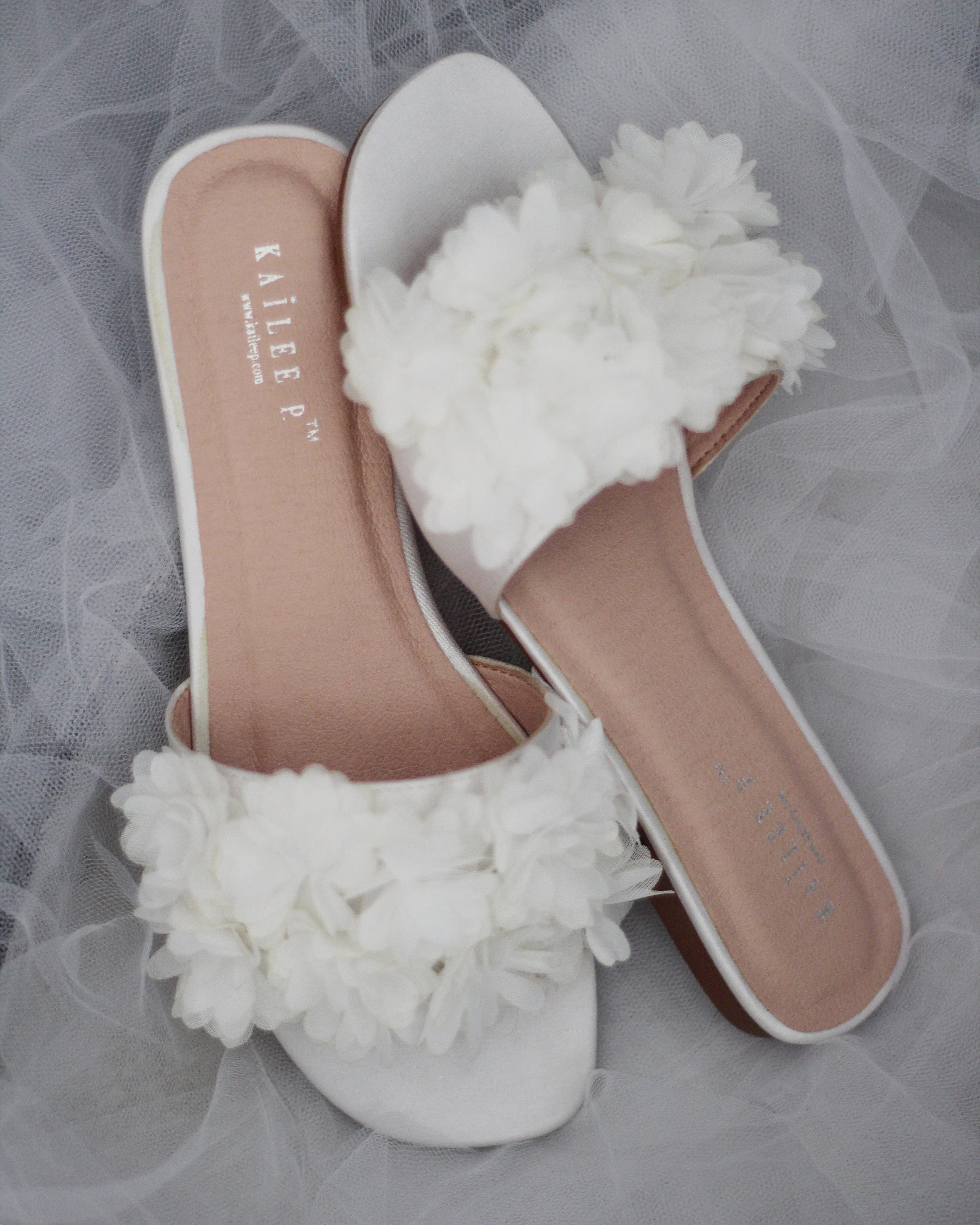 Satin Slide Wedding Sandals with Allover Chiffon Flowers