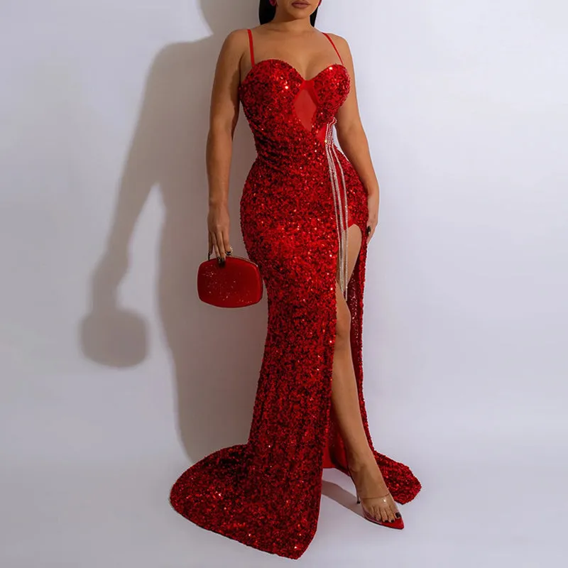 Sequin High Slit Spaghetti Strap Maxi Dress