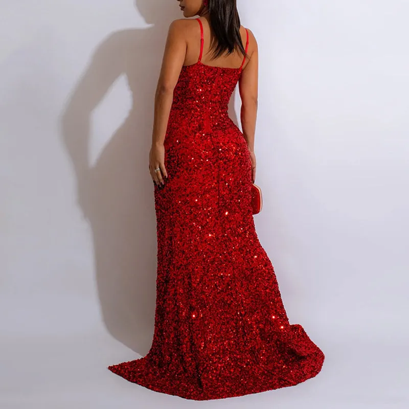 Sequin High Slit Spaghetti Strap Maxi Dress