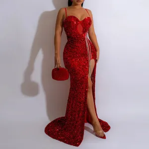 Sequin High Slit Spaghetti Strap Maxi Dress