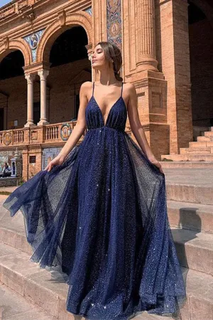 Sexy A Line Backless Sleeveless Spaghetti Straps Prom Dresses OHC150