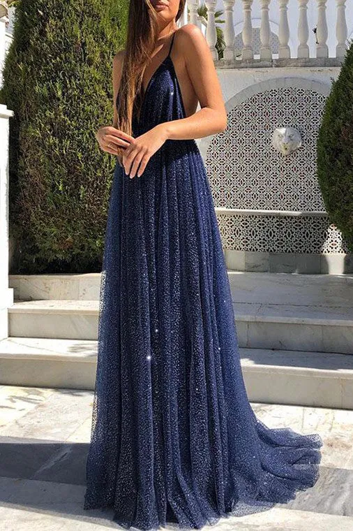 Sexy A Line Backless Sleeveless Spaghetti Straps Prom Dresses OHC150