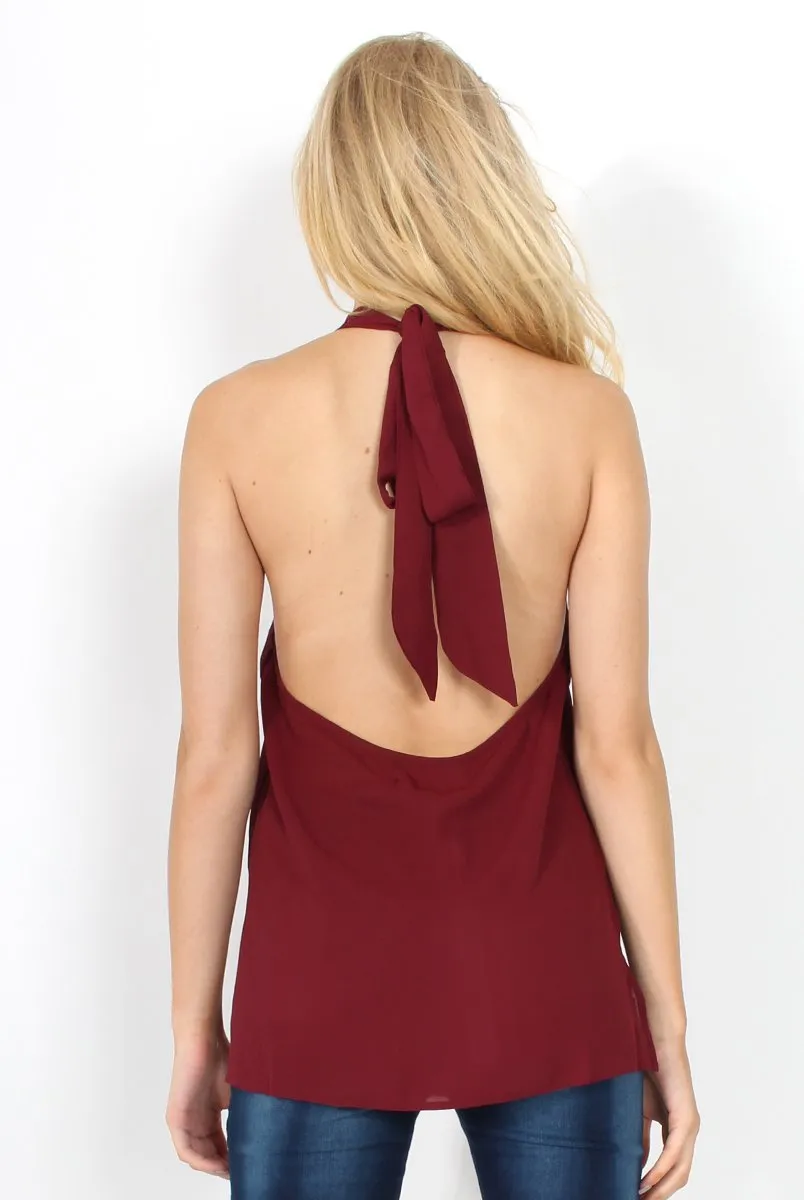 Sharon Wine Backless Halterneck Top