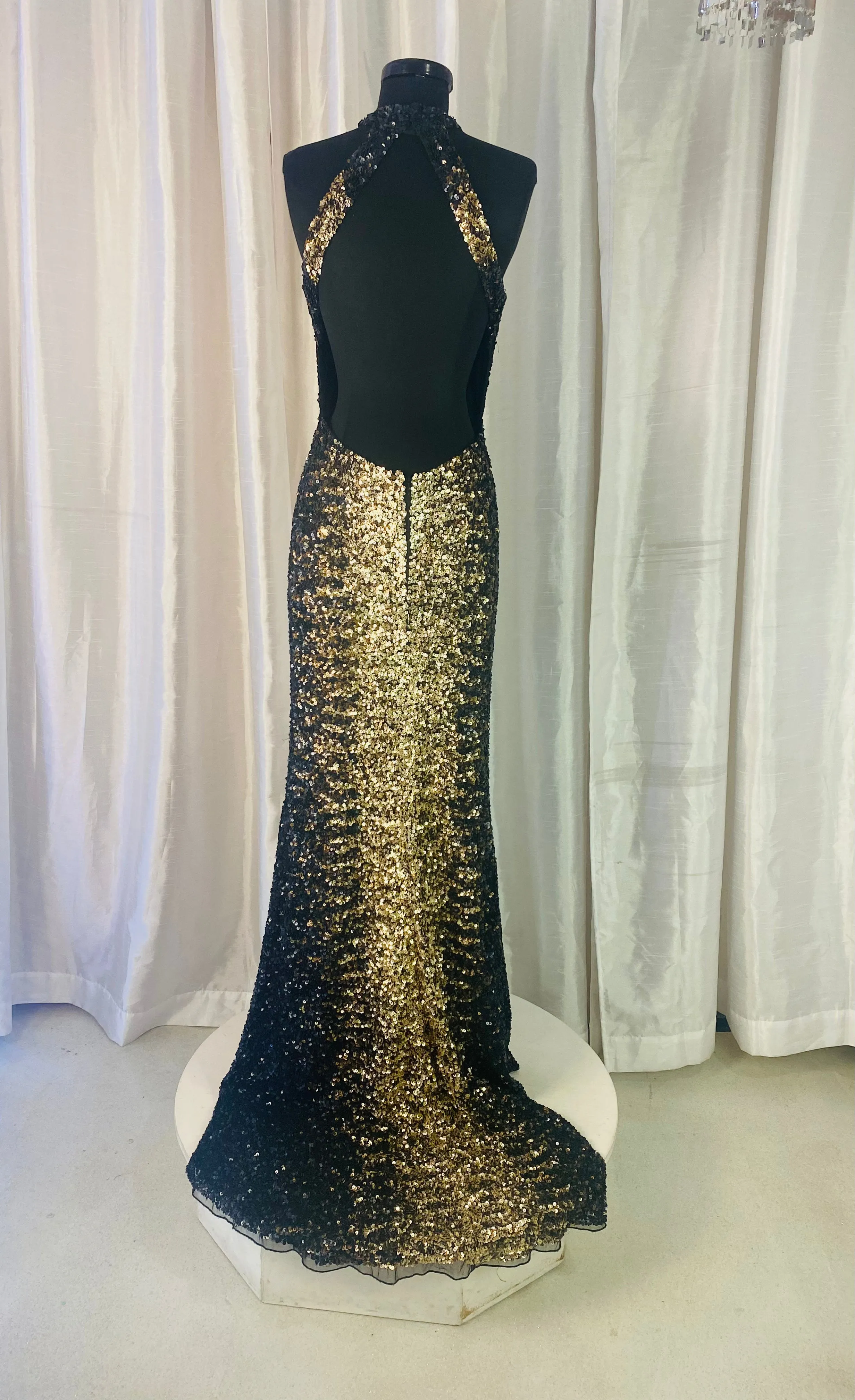 SHERRI HILL Style # 53667 Black/Copper/Gold Sequin High Cut Halter Top Open Back Gown Size 6 NWT
