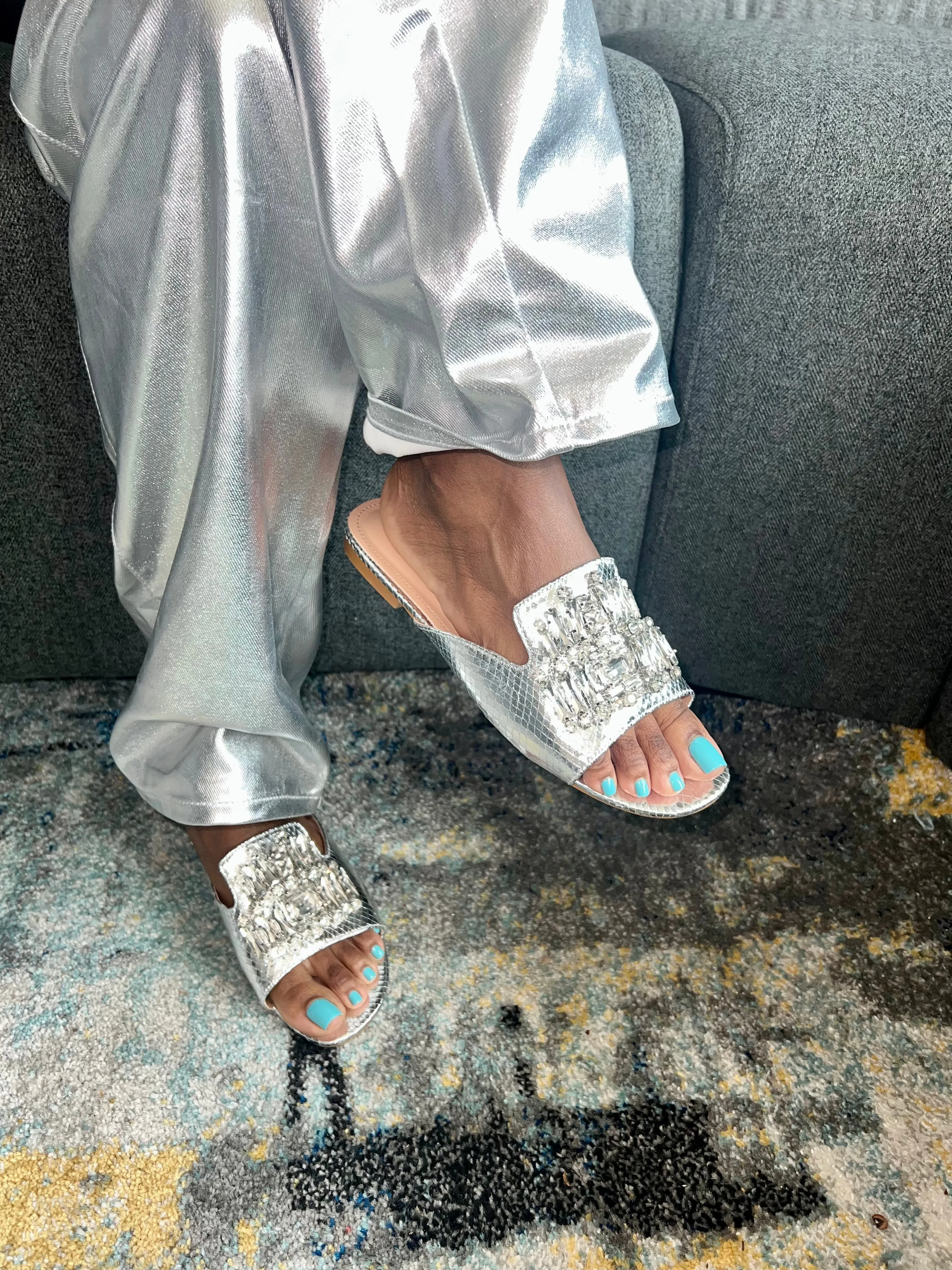 Silver Snake Jeweled Flat Mules