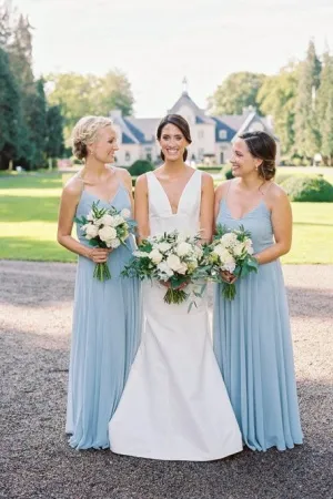 Simple Bridesmaid Dress A-Line Spaghetti Straps Floor-Length Light Blue Bridesmaid Dress with Pleats OHS133