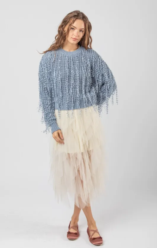 Slate Blue Fringe Detail Knit Sweater Top