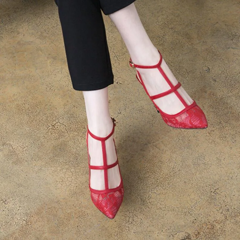 Small Size T Strap Lace Mesh Heels GS191