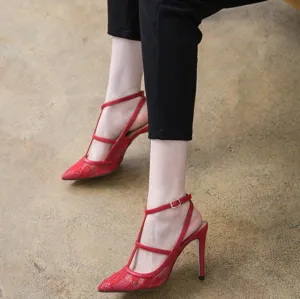 Small Size T Strap Lace Mesh Heels GS191