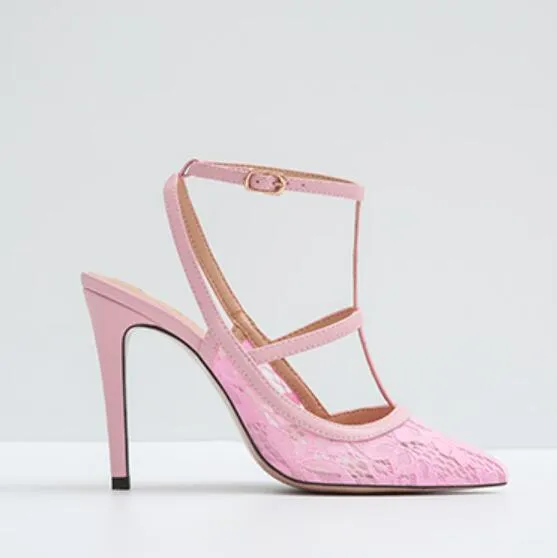 Small Size T Strap Lace Mesh Heels GS191