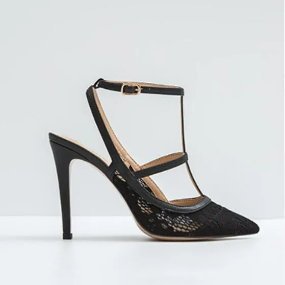 Small Size T Strap Lace Mesh Heels GS191