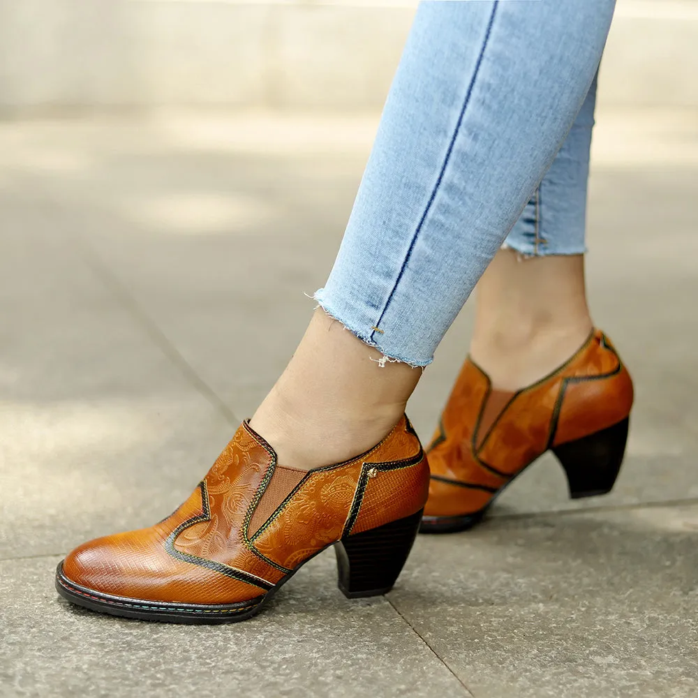 Soffia Genuine Leather Stitch Contrast Trim Heel Boots Loafers