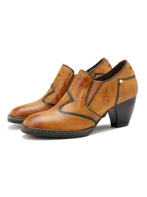 Soffia Genuine Leather Stitch Contrast Trim Heel Boots Loafers