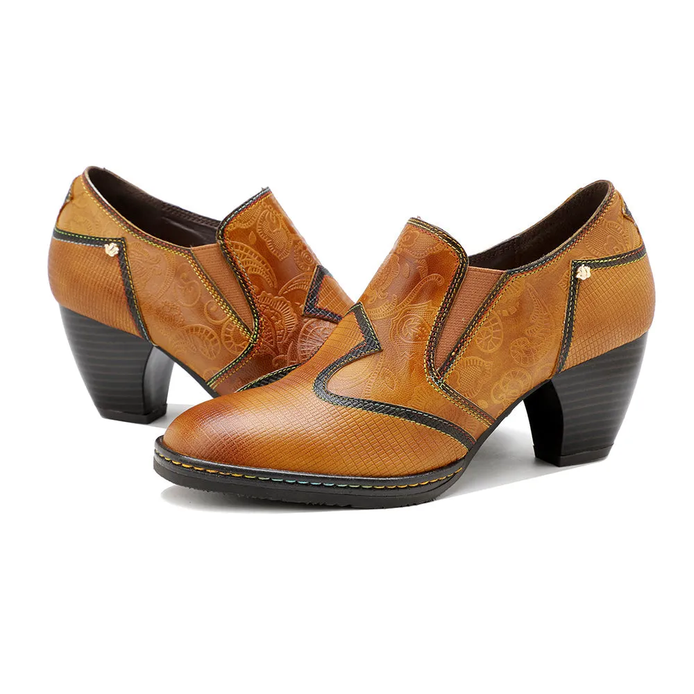 Soffia Genuine Leather Stitch Contrast Trim Heel Boots Loafers