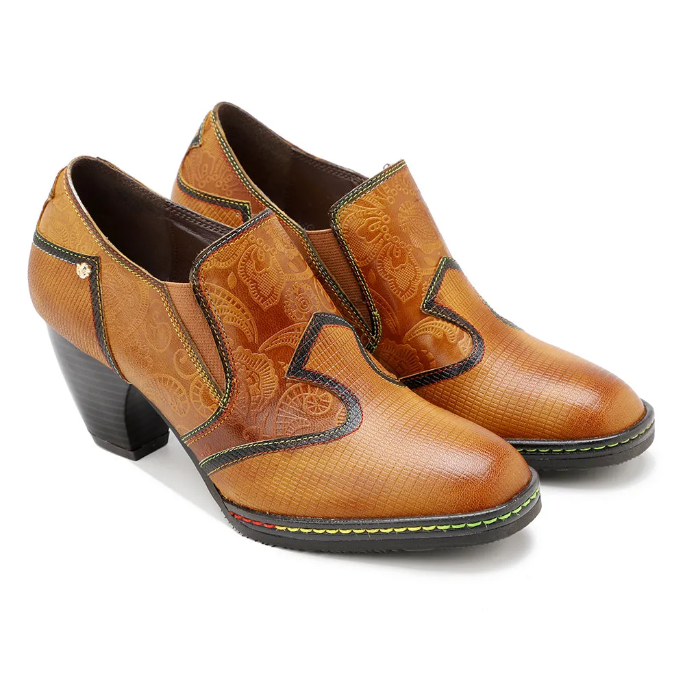 Soffia Genuine Leather Stitch Contrast Trim Heel Boots Loafers
