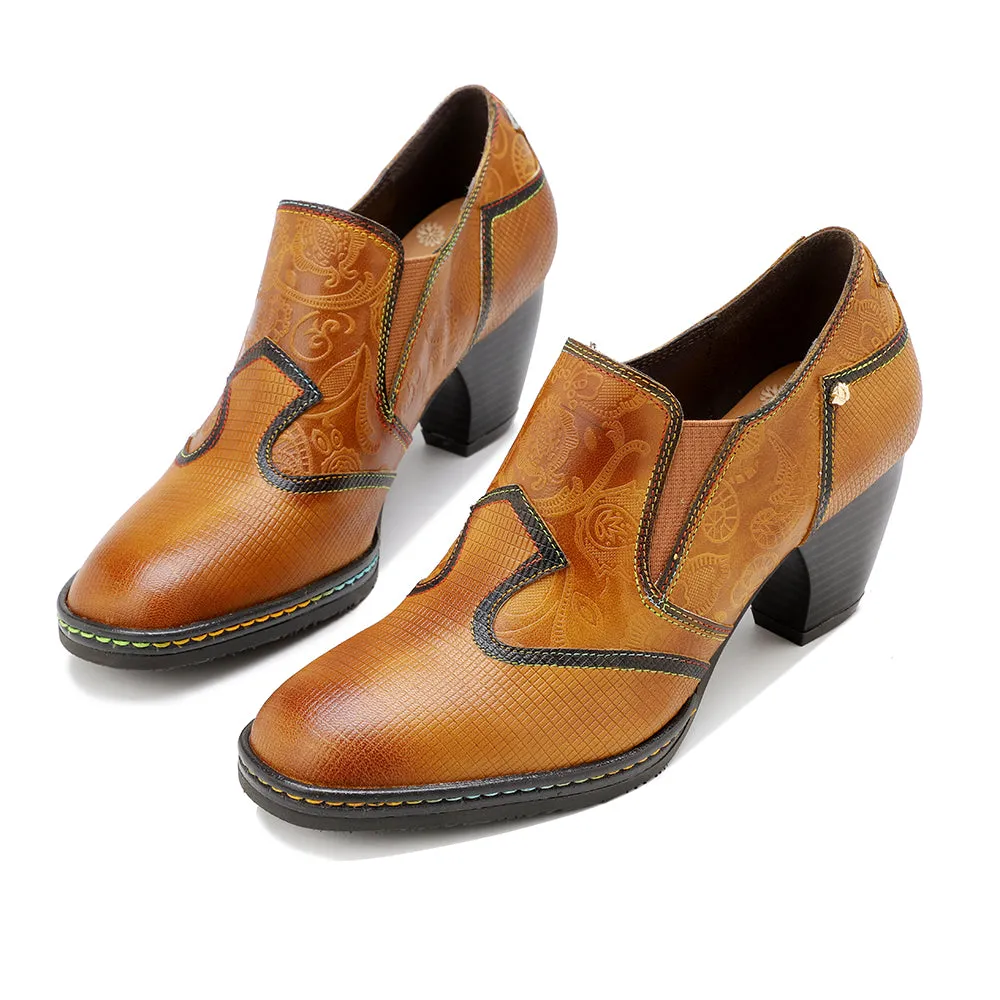 Soffia Genuine Leather Stitch Contrast Trim Heel Boots Loafers