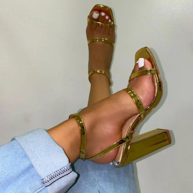 Square Toe Ankle Strap Chunky Heeled Sandals