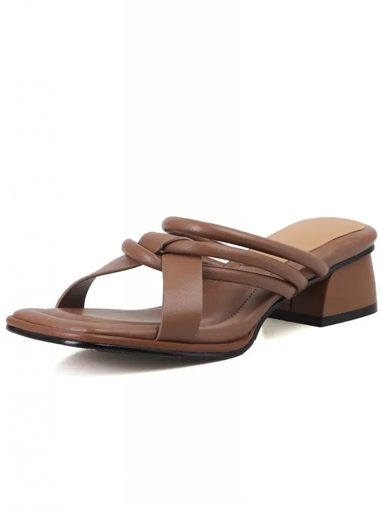 Square Toe Chunky Heels Elegant Designer Slippers Office Lady Open Toe Casual Shoes
