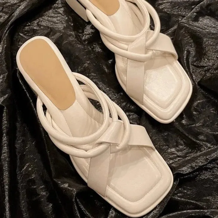 Square Toe Chunky Heels Elegant Designer Slippers Office Lady Open Toe Casual Shoes