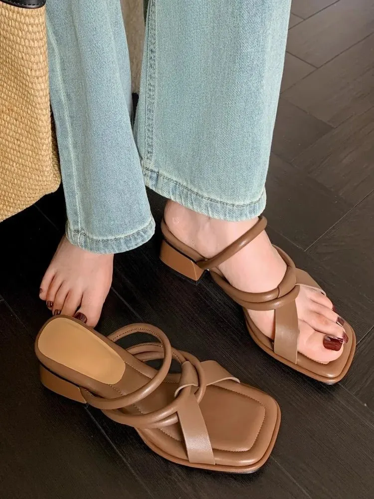 Square Toe Chunky Heels Elegant Designer Slippers Office Lady Open Toe Casual Shoes