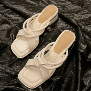 Square Toe Chunky Heels Elegant Designer Slippers Office Lady Open Toe Casual Shoes