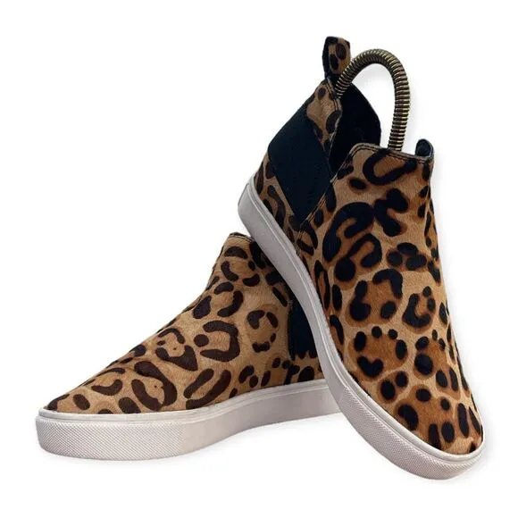 Steve Madden Shane-L Cow Hair Leopard Print Black Tan Pull on High Top Size 7.5M