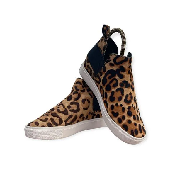 Steve Madden Shane-L Cow Hair Leopard Print Black Tan Pull on High Top Size 7.5M