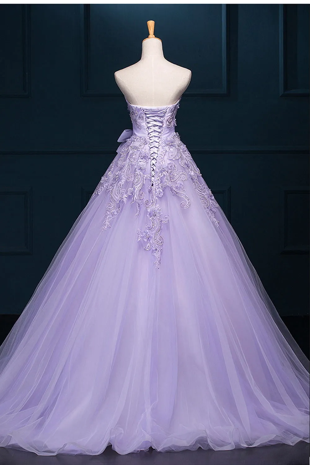 Strapless Long Purple Lace Big Wedding Dress With Bow W4