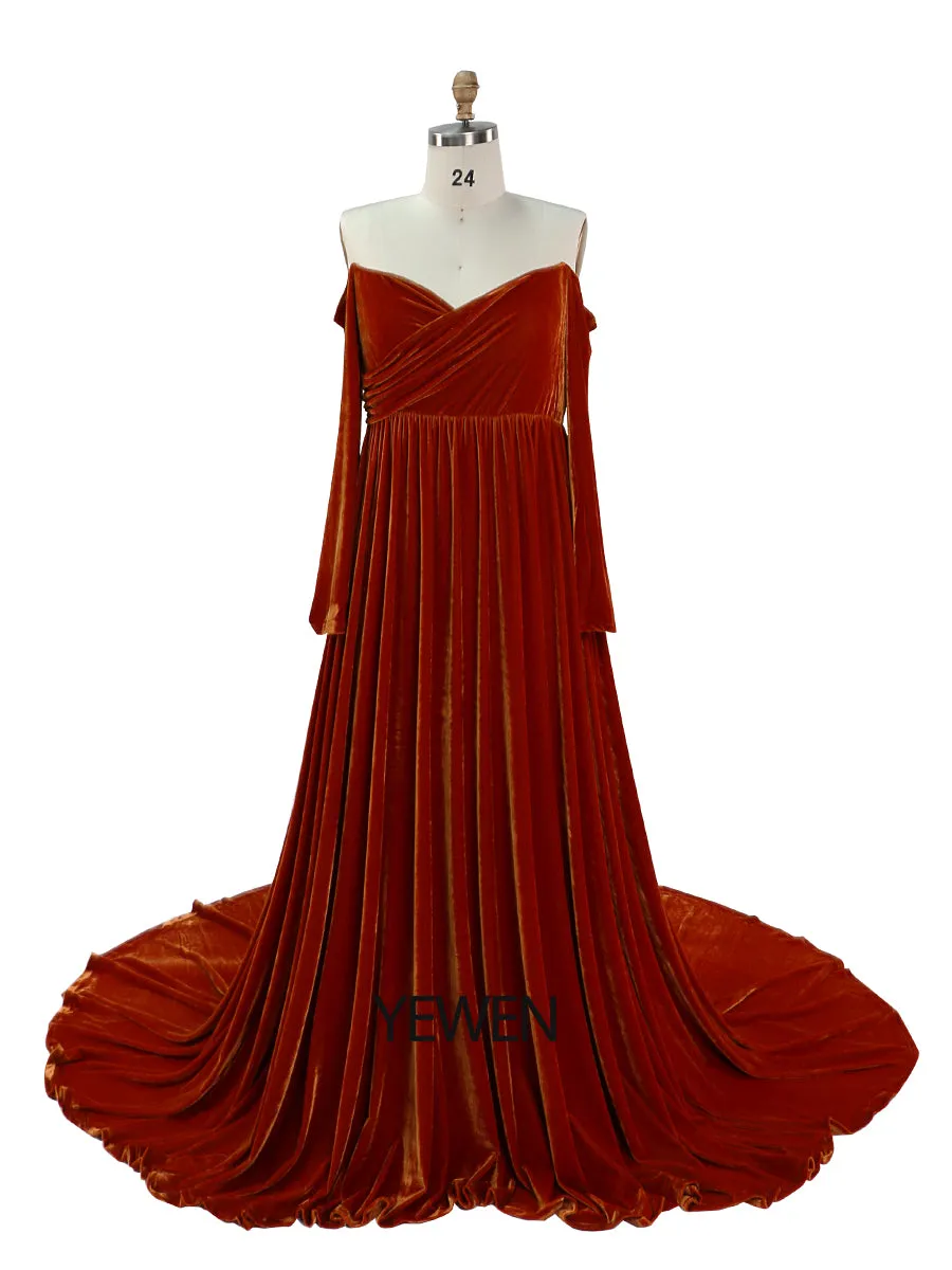 Stretch Velvet Woman Plus Size Boho Gown Long Sleeves Magical Dress for Special Moments Maternity Photo Shoots Dress YEWEN YW220827